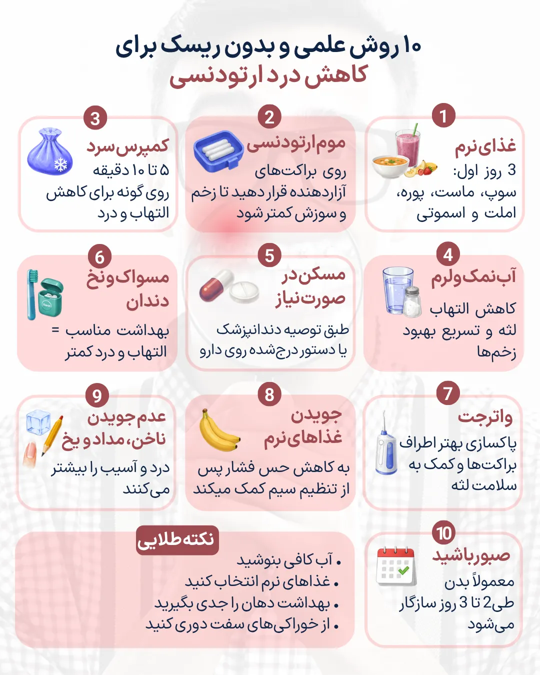 اینفوگرافیک روش های کاهش درد ارتودنسی شامل غذای نرم، موم ارتودنسی، کمپرس سرد، آب نمک ولرم، مسواک ارتودنسی و واترجت برای کاهش التهاب و ناراحتی بعد از ارتودنسی.
