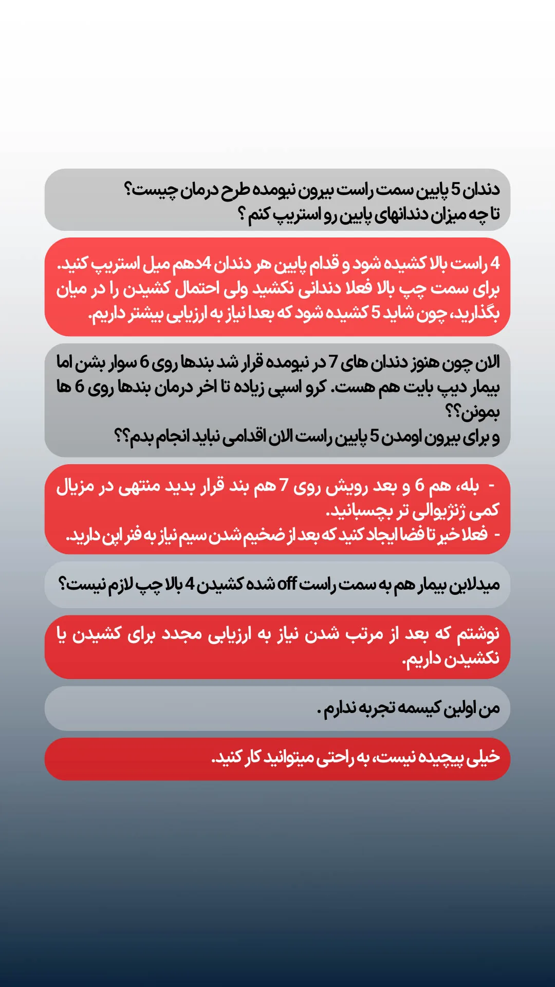 پرسش و پاسخ طرح درمان درباره کشیدن 4 بالا، استریپ قدام پایین و رویش دندان 5 پایین